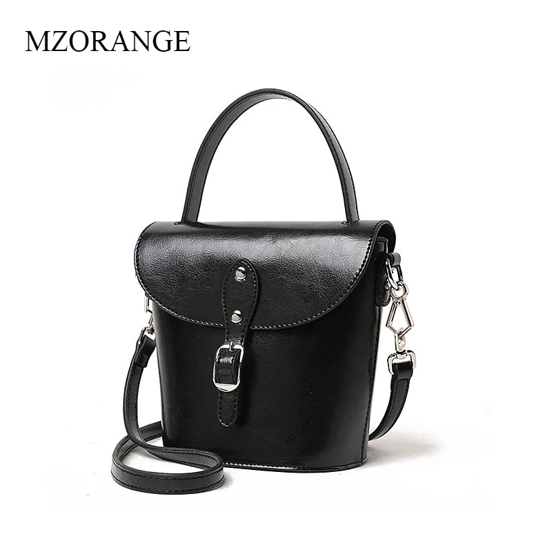 

MZORANGE Genuine Leather Bucket Bags For Women Mini Tote Handbag 2018 Design Vintage Oil wax Ladies Shoulder Crossbody Bags