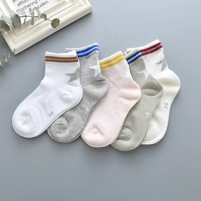 

Freeshipping new children's socks back 5 star cotton socks solid color mesh student socks