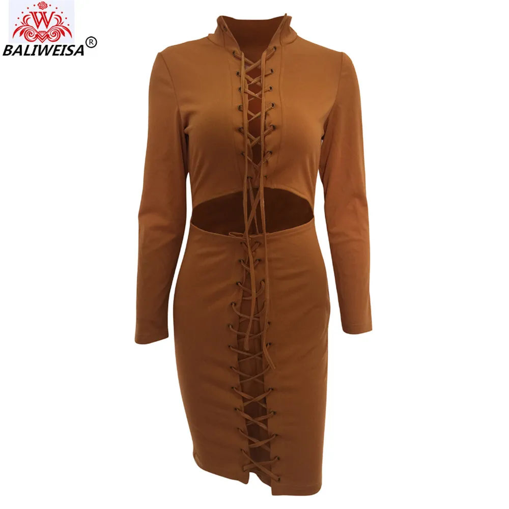

BALIWEISA New Spring Fall Long Sleeve Brown Dress Women Sexy Bandage Lace Up Knee Length Bodycon Dress Dance Belly Button Dress