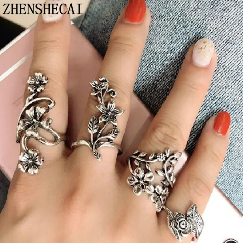 

Antique Silver Color Crystal Rhinestone Finger Rings For Women Hollow Flower star heart Midi Knuckle Ring Set Jewelry Femme a65