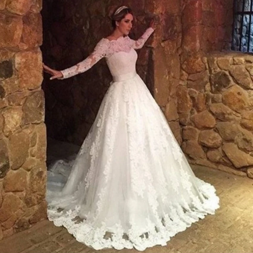 Robe De Noiva 2017 Romantique Dentelle À Manches Longues Robe De Mariage Musulman Custom Made Tulle