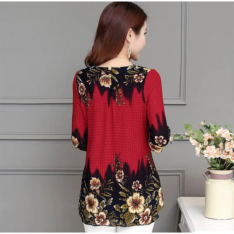 Женская блузка рубашка с рукавом три четверти с цветочным принтом тонкая длинная рубашка осень зима модные женские блузки плюс размер 4XL