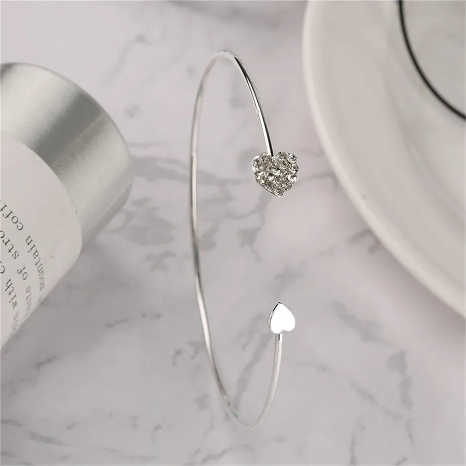 Exquisite Stylish Charms Gold Silver Crystal Heart Lady Bracelet Half-open Alloy Bangles Womens Fashion Jewelry  (6)