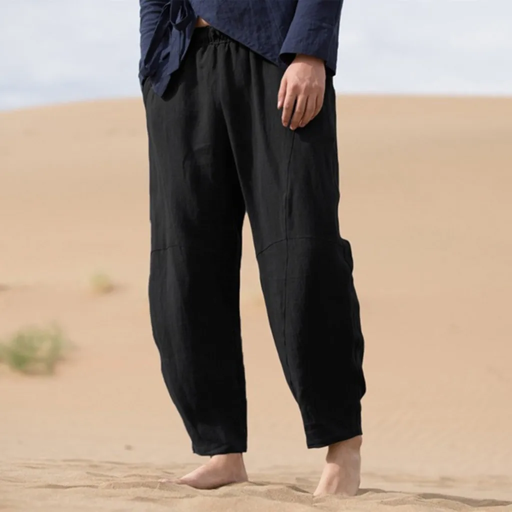 

Pants Men's Vintage Harajuku Spring Summer Casual Trousers Solid Drawstring Cotton Linen Long Drawstring Full Length Pants
