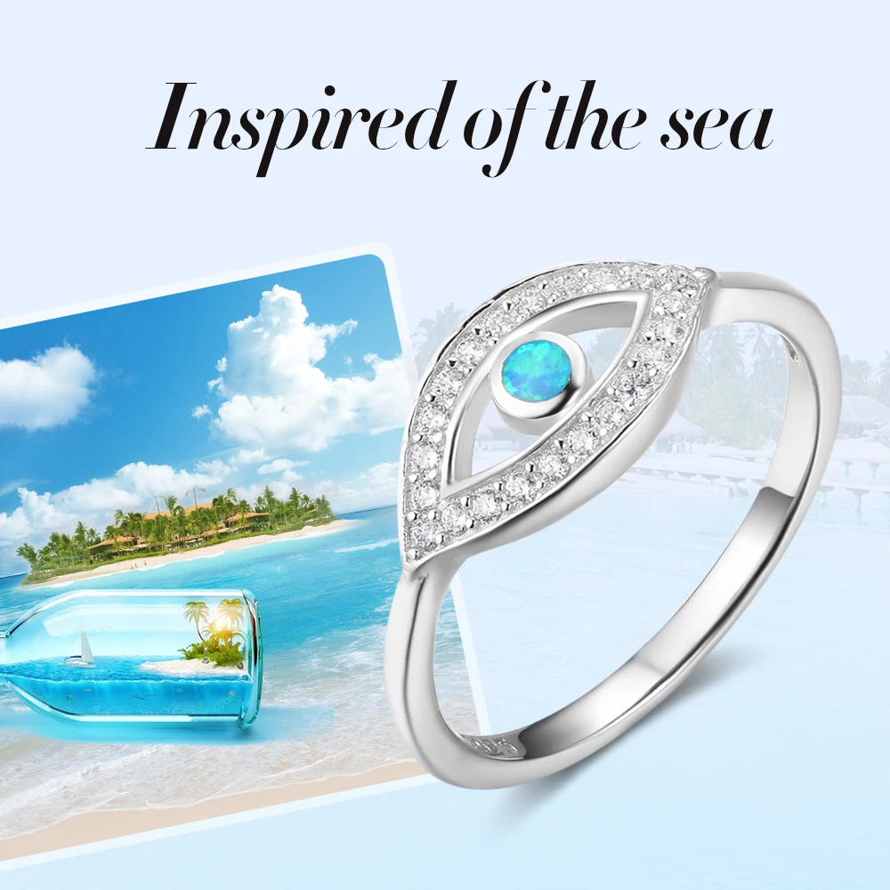 Solid 925 Sterling Silver Blue Opal Stone Cubic Zirconia Eye Shape Finger Rings Wedding Jewelry Gift For Her (JewelOra RI102845)