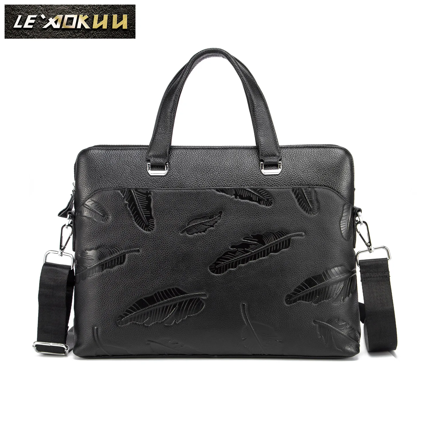 

Original Leather Black Fashion Design Men Briefcase Business 15" Computer Laptop Case Attache Messenger Bag Portfolio 7601