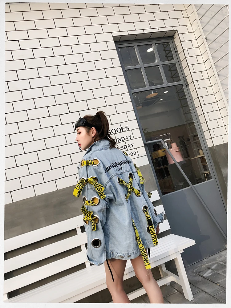 ZURICHOUSE Punk Denim Jacket Women Personality Hollow Out Metal Ring Bandage Oversized Ladies Jeans Jackets Coas