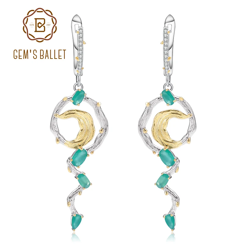 

GEM'S BALLET Natural Green Agate Earrings 925 Sterling Silver Handmade Statement Fashion Drop Earrings For Women Fine Jewelry