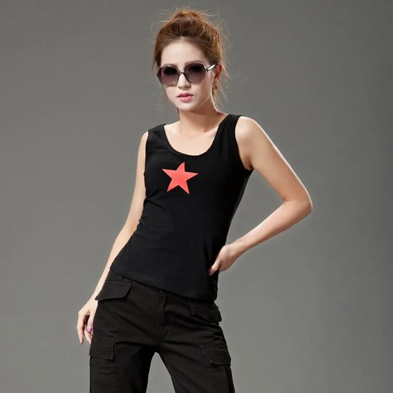 

New Women Summer Stars Vest Army Green Cotton Tank Tops Casual Vest Women Tops Size M-XL