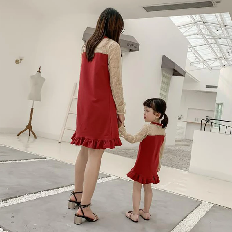 1Set New Summer Lace Mermaid Mother Daughter Dresses Gifts for Family Matching Clothes Mom Girls Red Party Dress Vestidos Female