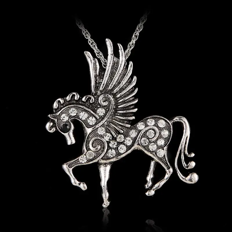 Rinhoo Pegasus Fly Horse Pendant with long Chain Necklace silver Jewelry