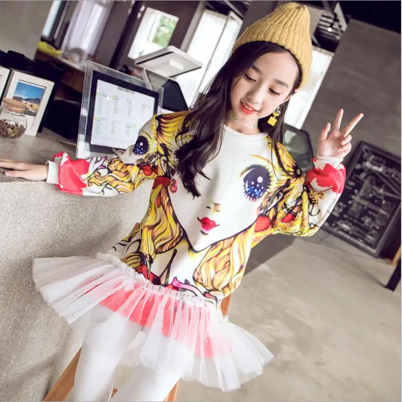 

Hot selling Autumn winter new cartoon thicker dress for baby girls mesh patchwork dress children clothes long sleeve dress ws848