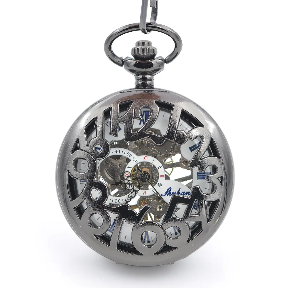 

Antique Style Black Case Man Women Skeleton Pattern Hand Wind Mechanical Pocket Watch Chain Machinery Gift Hot Sale Item H248