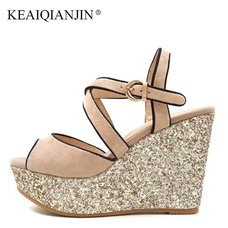 

KEAIQIANJIN Woman Genuine Leather Peep Toe Platform Sandals Fashion Apricot High Heels Shoes Sexy Summer Open Toe Wedges Sandals