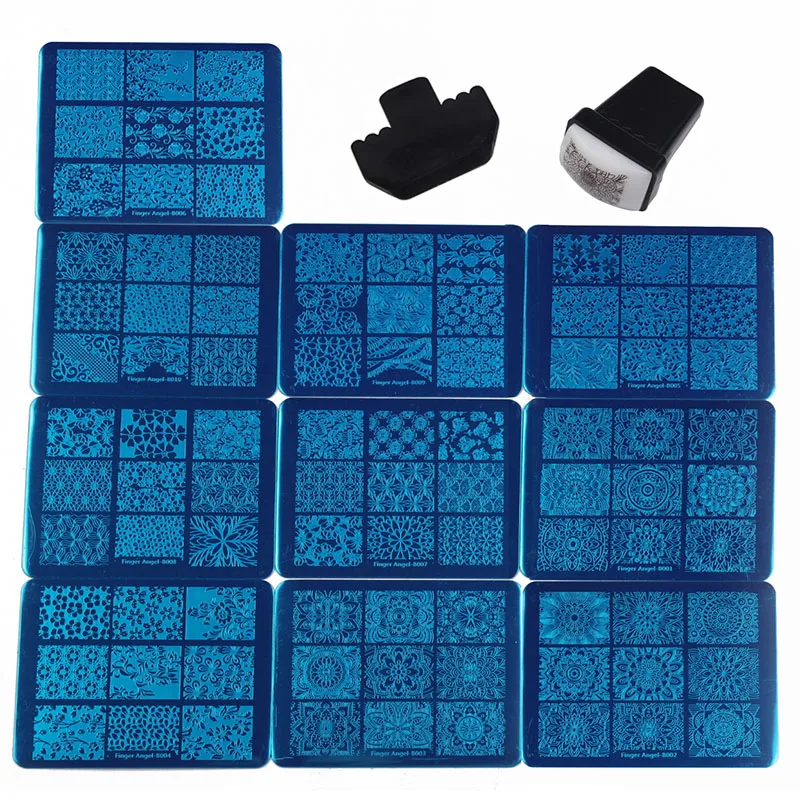 

Finger Angel 10PCS Stamping Plates Stamp Image Platet DIY Nail Template + 1 Set Mini Nail Stamper Transfer Nail Art Tools ZW001