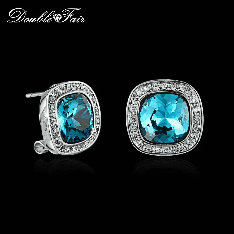 

Cushion Blue Crystal Stud Earrings Silver Color Fashion Crystal Jewelry For Women Earrings Gift DFE697