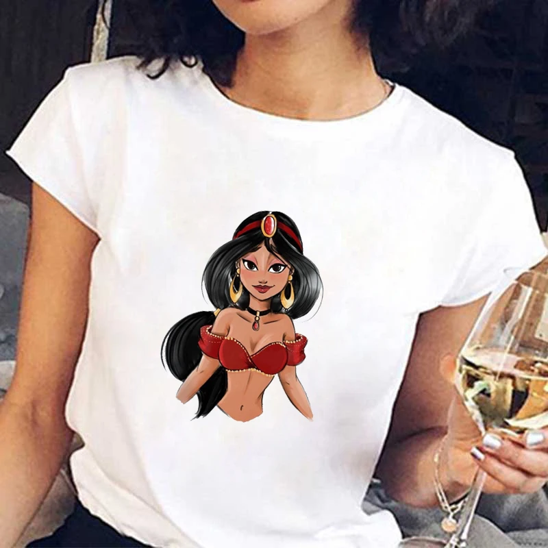 

WVIOCE High Quality Fashion Princess Printed Women T-shirts Summer Short Sleeves Tops Casual Cotton Shirts White Round Neck Tees