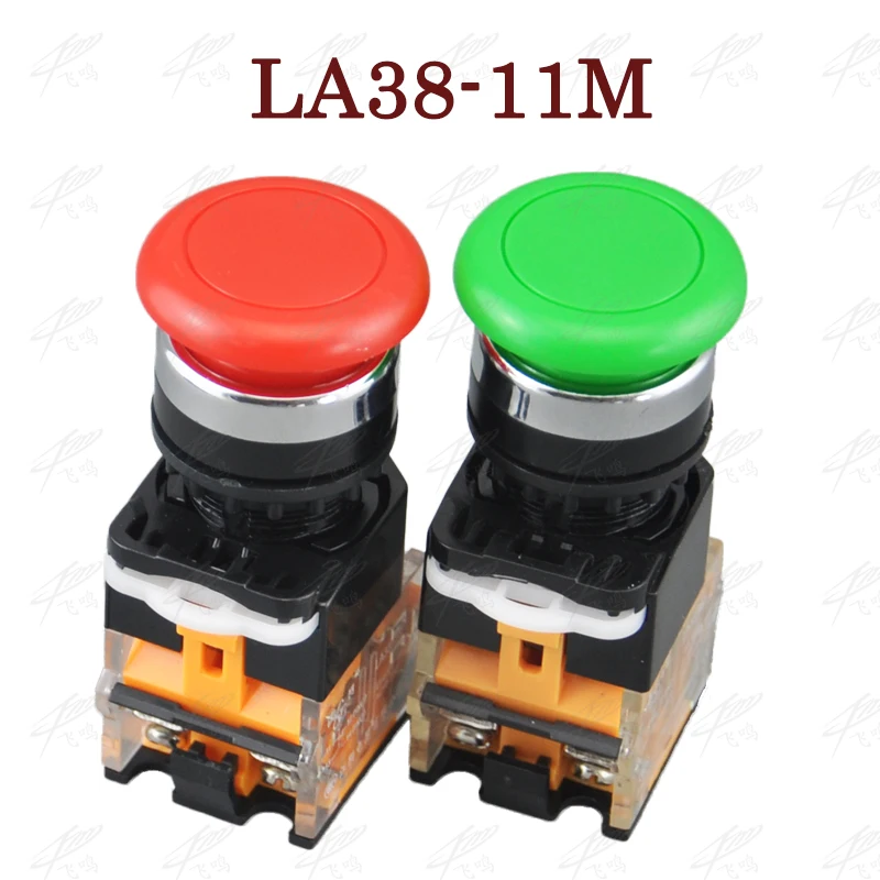22mm Momentary Mushroom Cap Push Button Switch Self Reset Spring Return No Lock Round 1NO1NC button LA38-11M red green