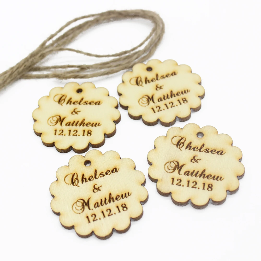 

30pcs 40x40mm Personalized Engraved Wooden Love Flower Style Tag With Jute String Decor Nail Polish Tags Party Decoration Favors