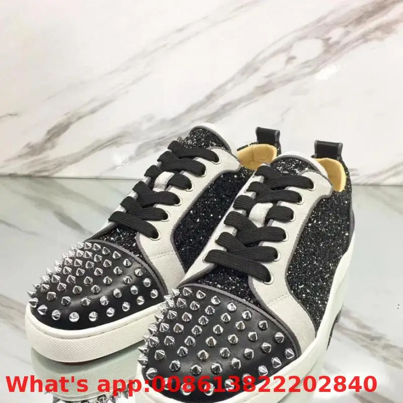 

Low-cut Leisure Shoe Lace-up Black Glitter Leather Rivets Front Fashion Red Bottom For Man Sneakers Casual Flat 2019