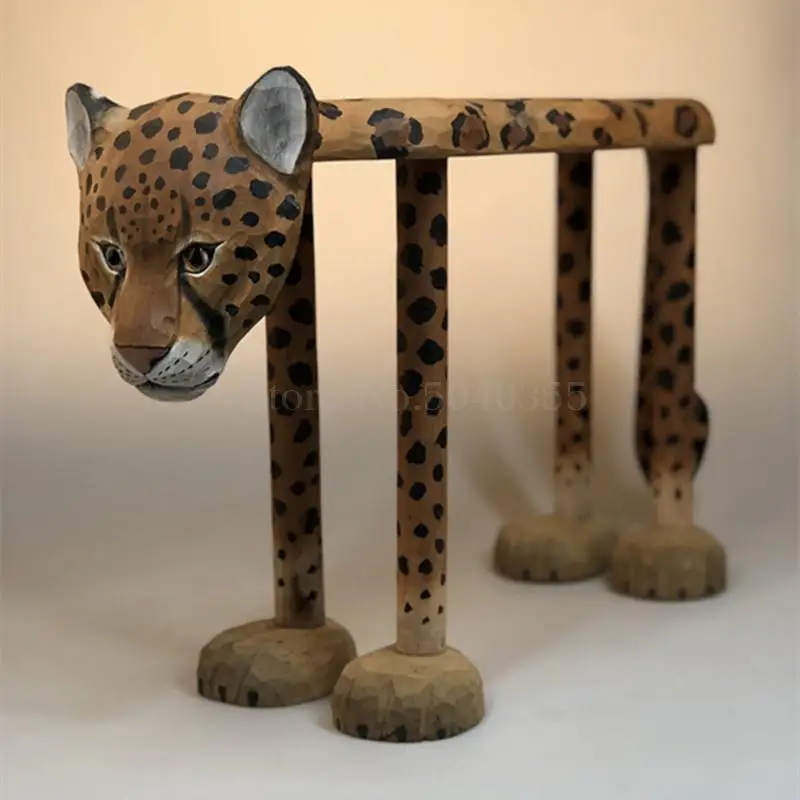 Solid Wood Hand Carved Animal Leopard Shoes Bench From Leopard