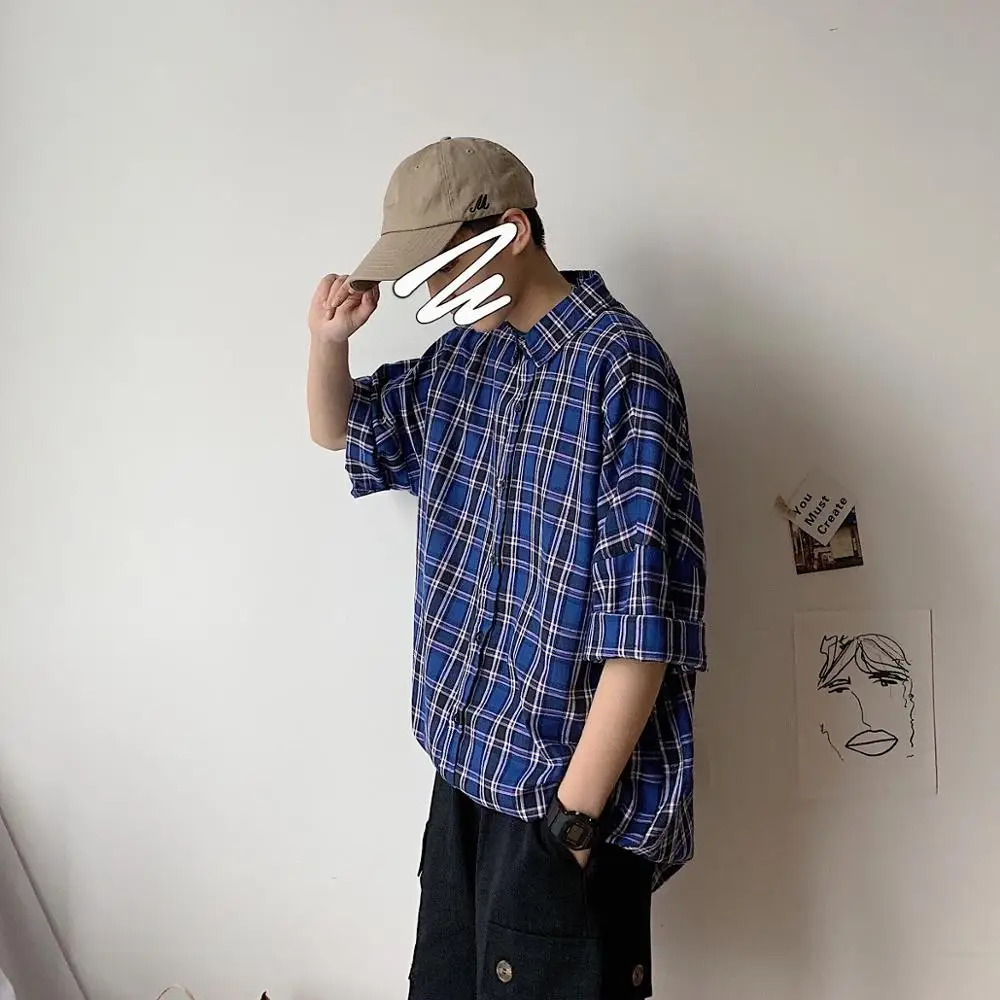 

Summer 2019 Loose Chequered Short-sleeved Shirt Men's Middle-sleeved Shirt-1926