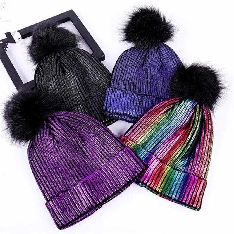 

New shine gold silver hat Autumn Winter turban beanie Hat For Warm Women Casual Knitted Hat Female Skullies Beanies Colorful cap