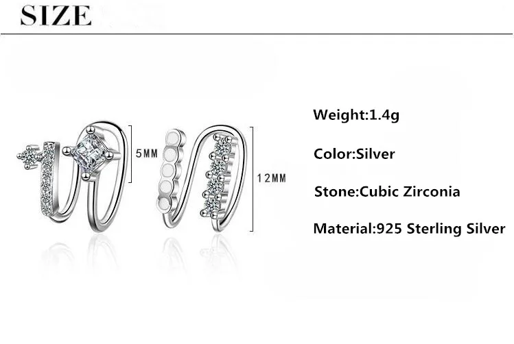 Fashion Asymmetric Shiny CZ Zircon Star 925 Sterling Silver Lady Clip Earrings Jewelry Original Jewelry For Women