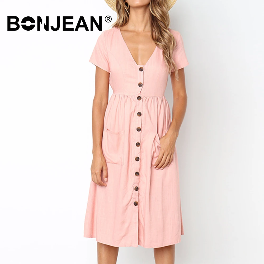 

9 Color Vestido Midi Dress Pink White Green Black Short Sleeve V Neck Ladies Office Dress Women Elegant Sundress Summer Z015