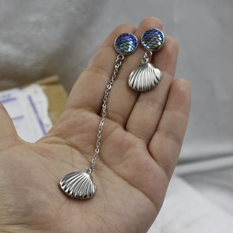 

Dream Romantic Maritime Princess Mermaid Fish Scales earrings shell Asymmetry tassel Resin stainless steel earrings for women