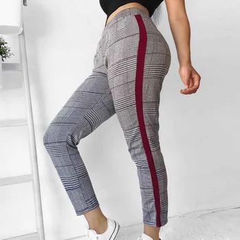 

Laamei Women Vintage Plaid High Waist Pencil Pants Fashion Ladies Side Striped Leggings England Style Female Ankle-Lenght Pants