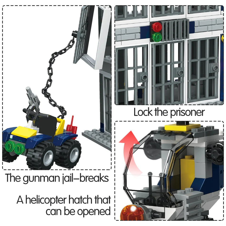 388 шт. строительные блоки городской полиции, совместимые с автомобилем, конечная тюрьма, вертолет, фигурки, кирпичи, развивающие игрушки для детей
