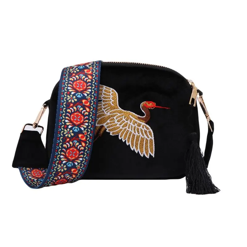 

2019 Fashion Mini Velvet Shell Bag Embroidery Wild Crane Strap Shoulder Bags Designer Fashion Tassel Vintage Crossbody Bag