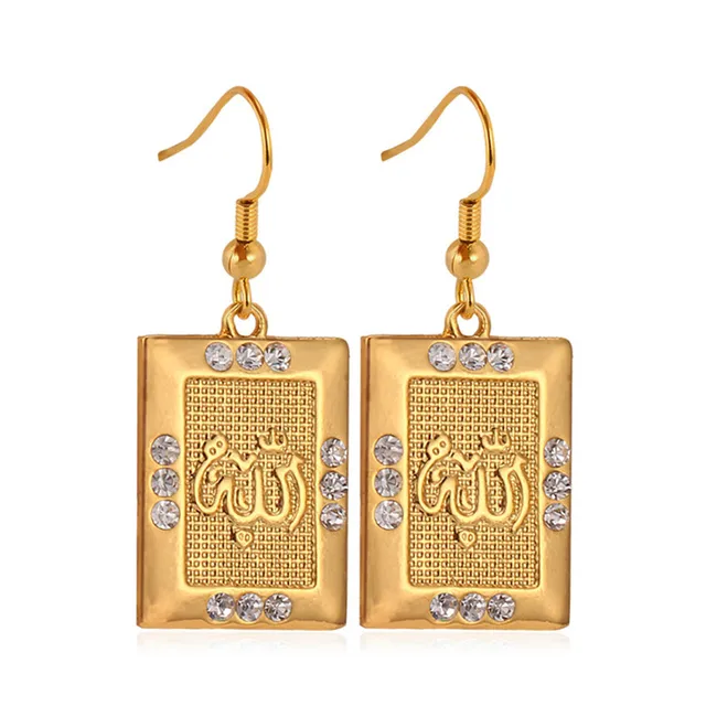 Allah Earrings Yellow Gold Color Rhinestone Religious Fashion Jewelry