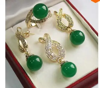 

wholesale Style For Women's, Jewelry AAA 12mm Green Pendant Necklace Earrings Ring set AAA plated CZ Crystal stone gems