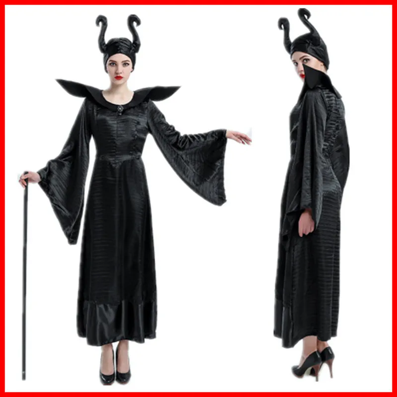 

New Maleficent Costume Adult Women Halloween Witch Cosplay Fairy Tale Sleeping Beauty Curse Witchcraft Black Dress Horns Movie