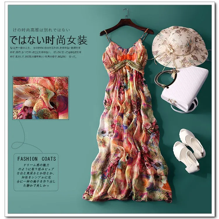 Высококачественное роскошное платье из натурального шелка Женское длинное богемное пляжное платье с цветочным принтом шелковое женское платье