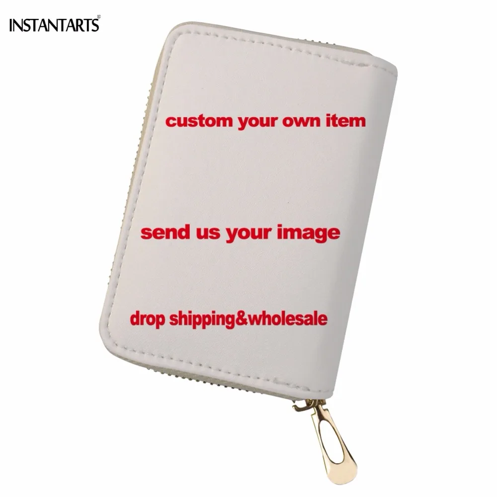 

INSTANTARTS Women Men Credit Card Holder Custom Your Owm Image ID Card Storage Bags Fashion Zipper PU Leather Business Card Bag