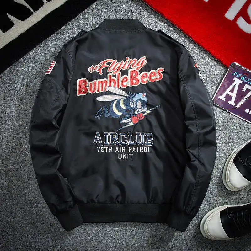 

New Spring Autumn Men Fashion Bumble Bees Embroidery MA1 Bomber Jacket Male Casual Stand Collar Thin Baseball Jacket Pilot Coats