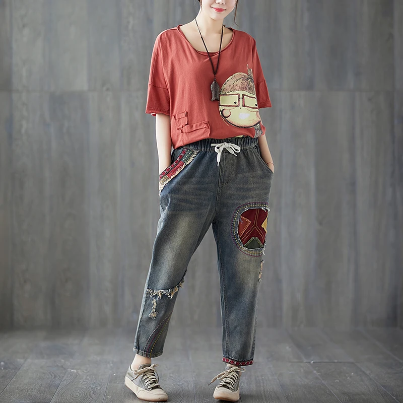 

Plus Size Embroidery Elastic Waist Loose Harem Jeans Autumn New Vintage Patch Ripped Women Cottton Denim Pants Loose Trousers