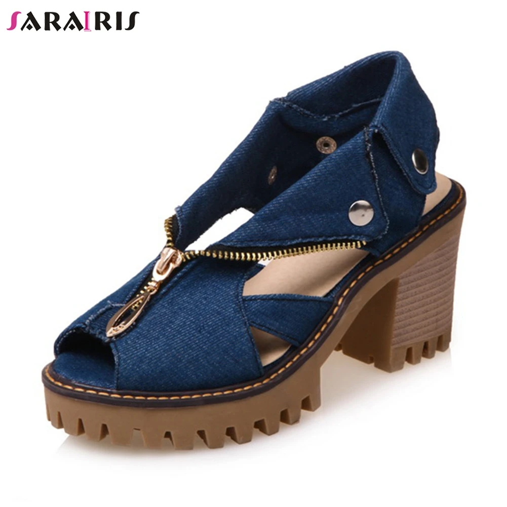 

SARAIRIS 2019 Fashion 34-43 Zipper Decorate Summer Sandals Women Platform Denim Shoes High Wide Heels Beach Shoes Woman