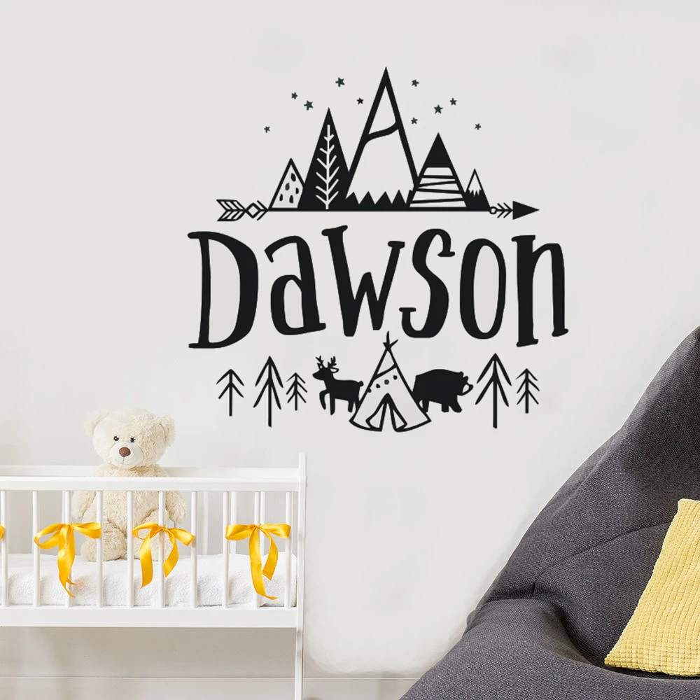 

Custom Nmae Wall Sticker Custom Kids Name Mural Mountain Design Rustic Style Vinyl Wall Babys Room Nursery Decor Mural L914