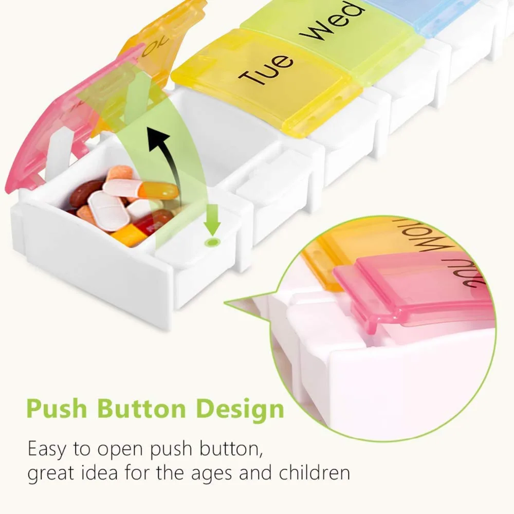 7 Day Pill Box Push Button Pill Organizer Daily Rainbow Medicine Planner Box Pill Medicine Box Holder 227*53.5*28.5mm