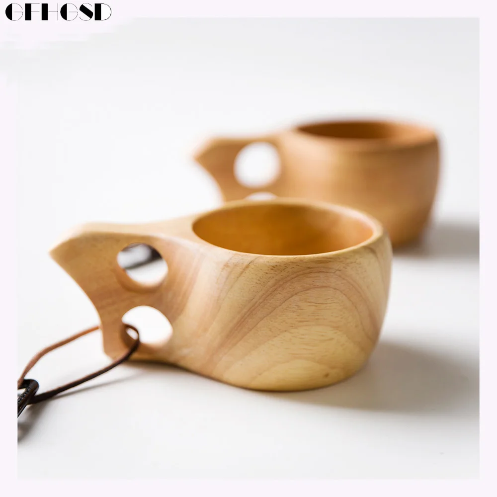 

GFHGSD Kuksa Portable Coffee Mug Rubber Wood Handle Two Hole Cowhide Rope Hook Juice Milk Cups