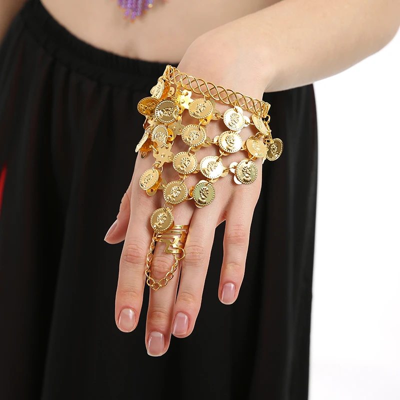 iMucci Elegant Golden Triangle Gypsy Hand Chain Belly Dancing Show Decoration Bracelet Party Stage Tassels Jewelry Bangles