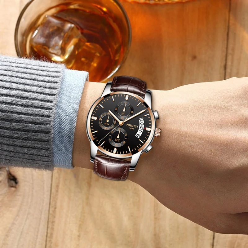 NIBOSI Mens Watches Top Brand Luxury Waterproof Watch Military Leather Strap Sport Watch Men Quartz