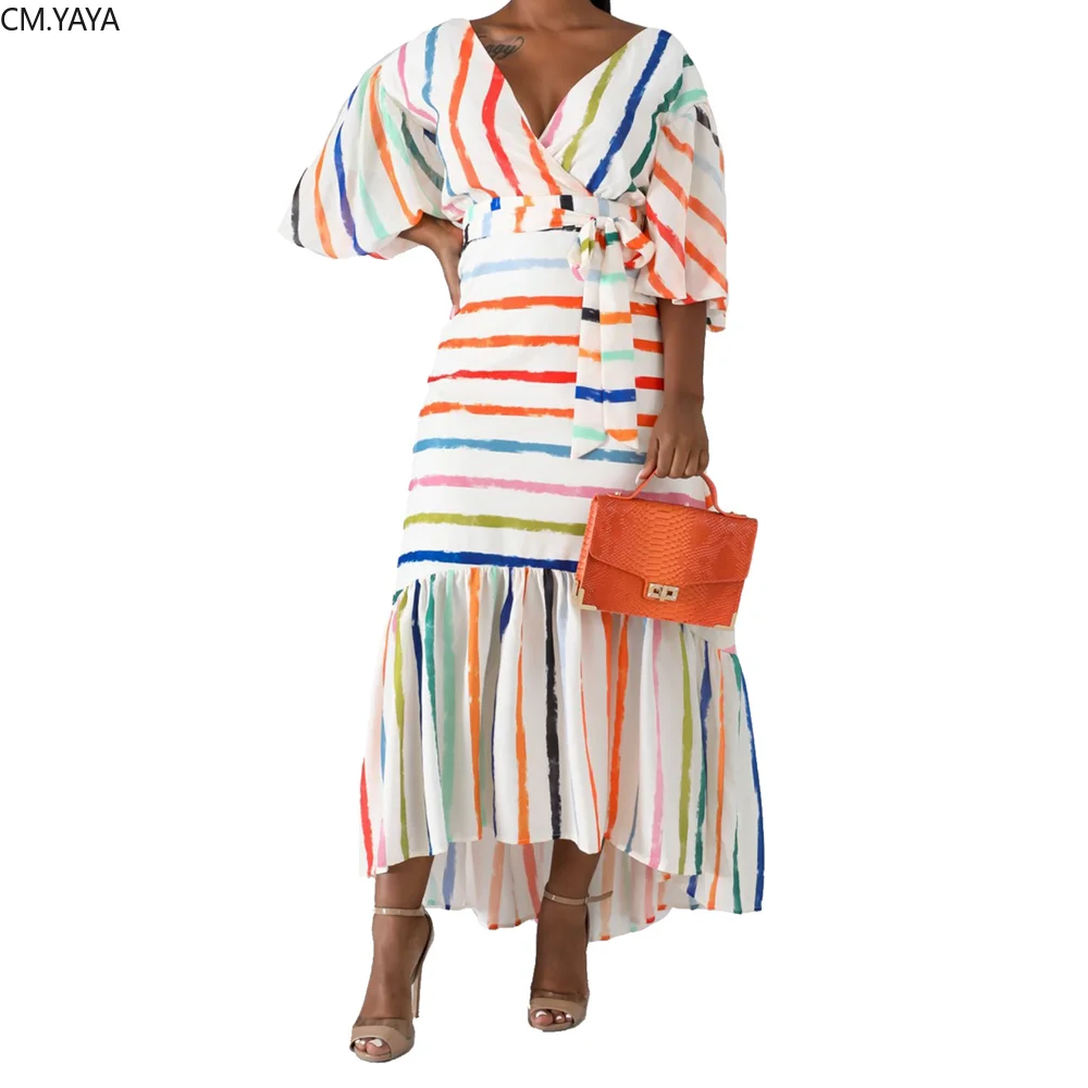 

2019 women summer colorful stripes v-neck lantern three quarter sleeve mermaid maxi dress sexy party vestidos dresses GLLZ606