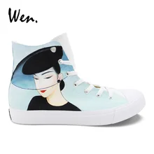 Вэнь Дизайн Классическая красивая женская обувь с ручной росписью дизайн холщовые кроссовки высокие лодыжки педаль на плоской платформе