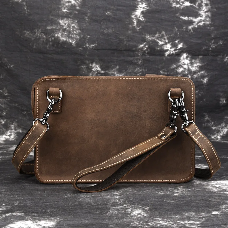 

Men Vintage crazy horse leather Messenger bag iPad mini case Real leather small shoulder bag Handy Clutch wallet Bag With chain
