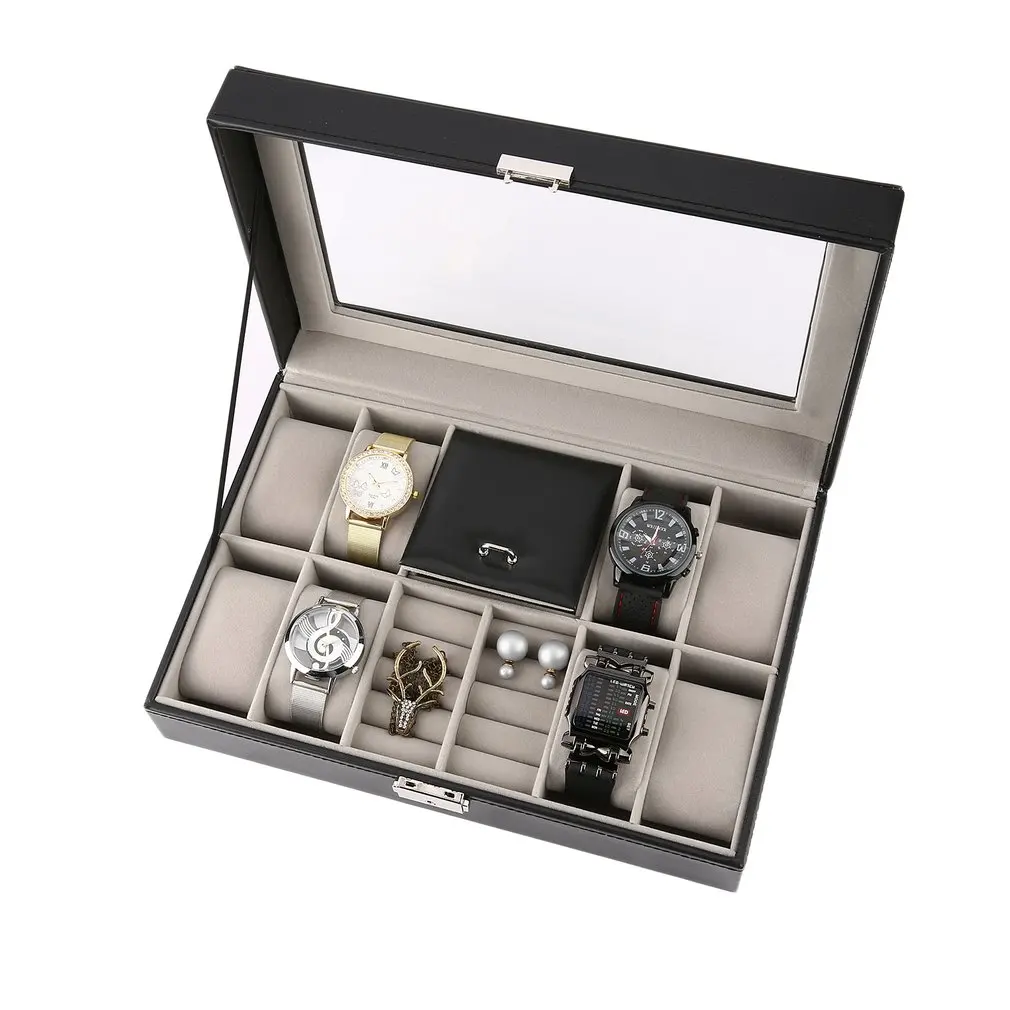 

2 In One 8 Grids+3 Mixed Grids Black Leather Watch Box Watch Rings Storage Organizer Jewelry Display Case 2018 Hot Sales
